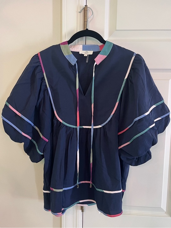 entro Tops - entro Navy Puff-Sleeve Blouse with Pastel Trim Size M